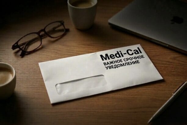 Elderly immigrants sit in a waiting room at a Medicare office, holding documents and looking concerned about their healthcare