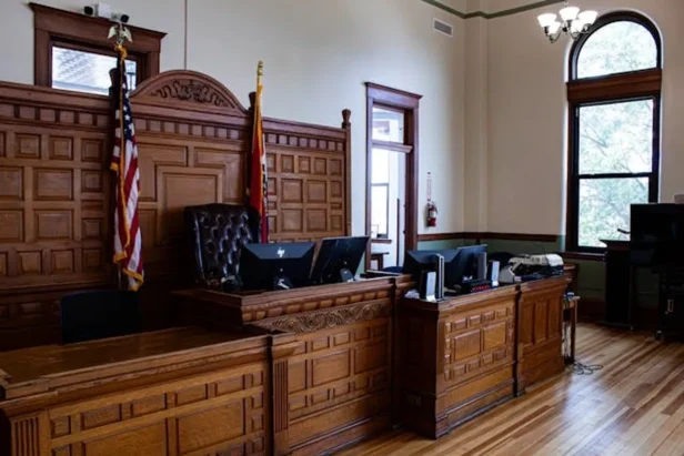 San Francisco courtroom interior with judge bench