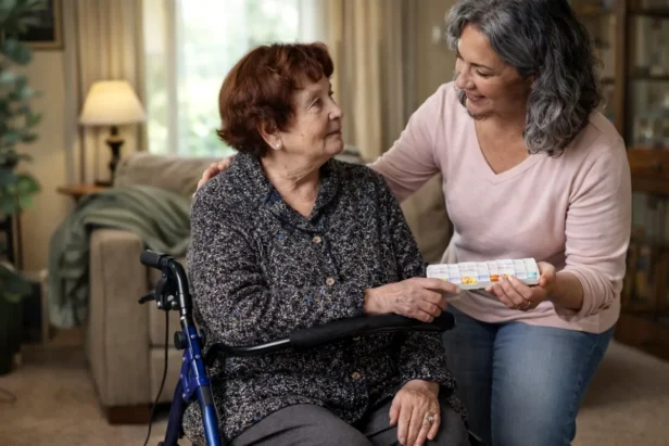 caregiver assisting elderly woman at home