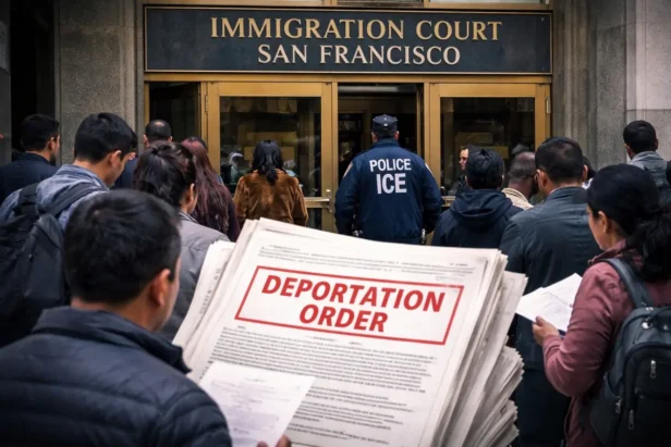 Protest sign reading deportation order during immigration enforcement