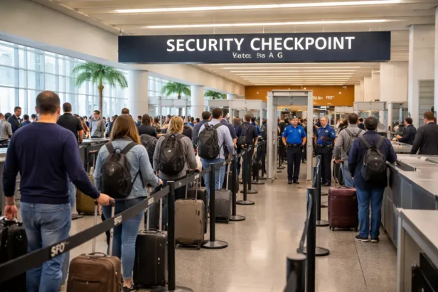 Security checkpoint line at airport with passengers waiting for screening in the United States
