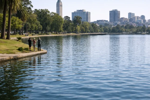 Lake Merritt in Oakland with people walking near the water