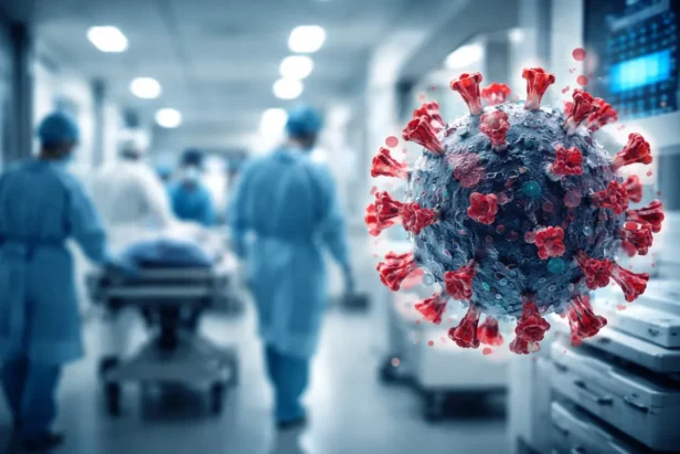 Medical workers and COVID-19 virus illustration representing new variant detection in California