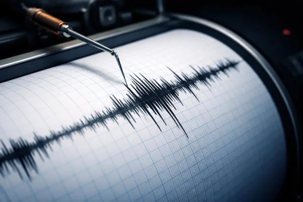 People inspect earthquake damage to a building in the San Francisco Bay Area after a morning tremor rattled the region.