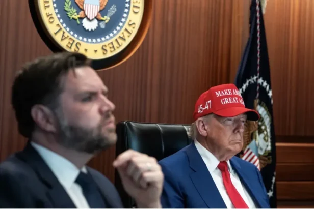 Former President Donald Trump speaks at a podium during a campaign event.